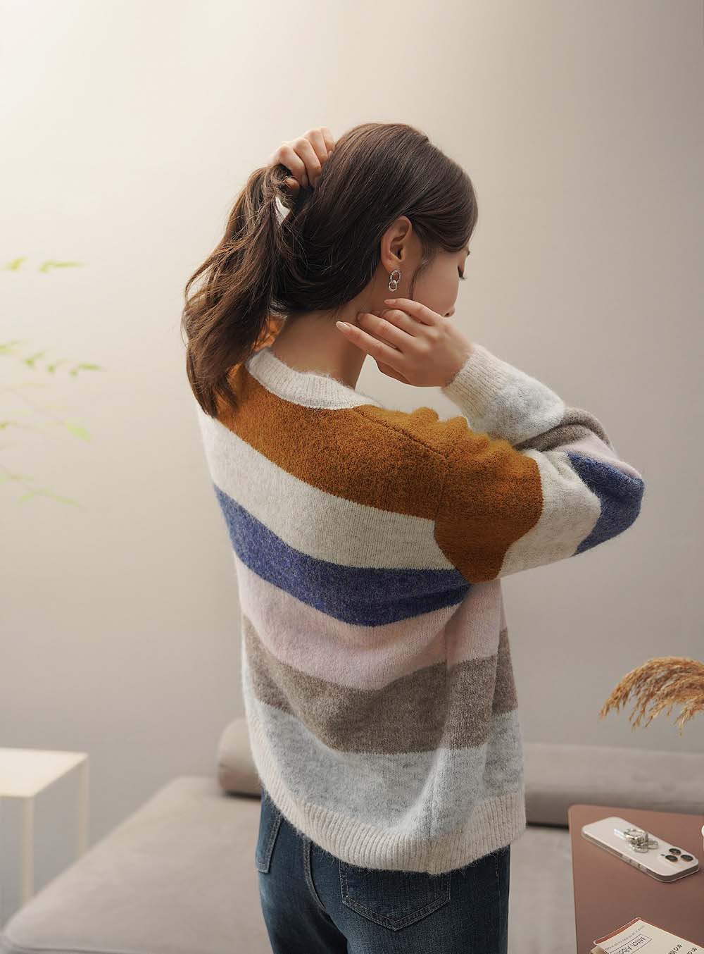 撞色條紋針織開襟外套