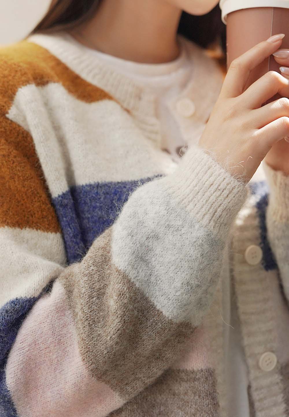 撞色條紋針織開襟外套