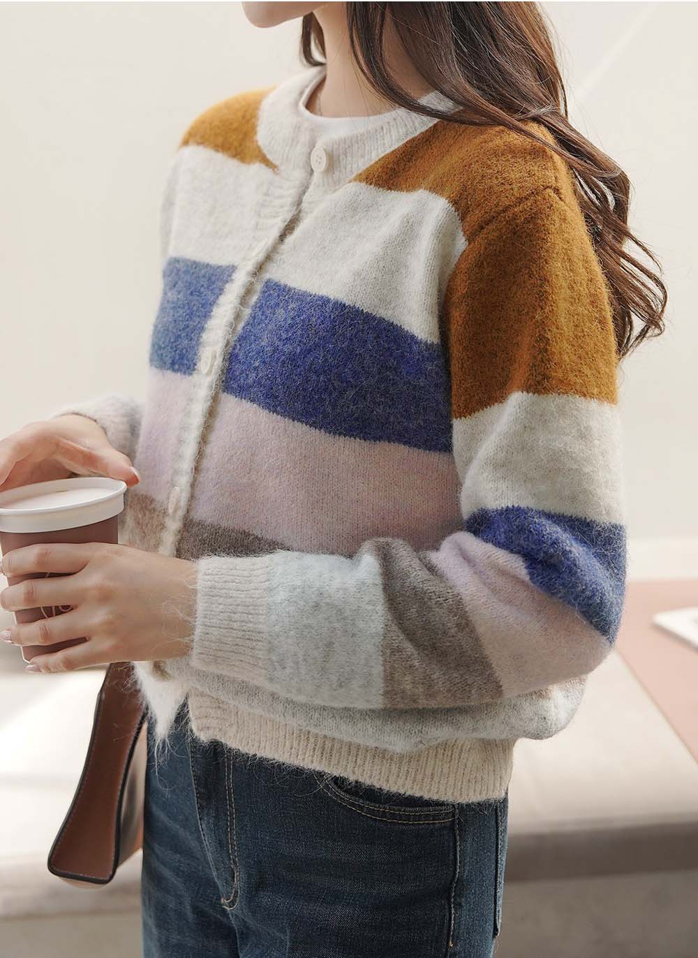 撞色條紋針織開襟外套