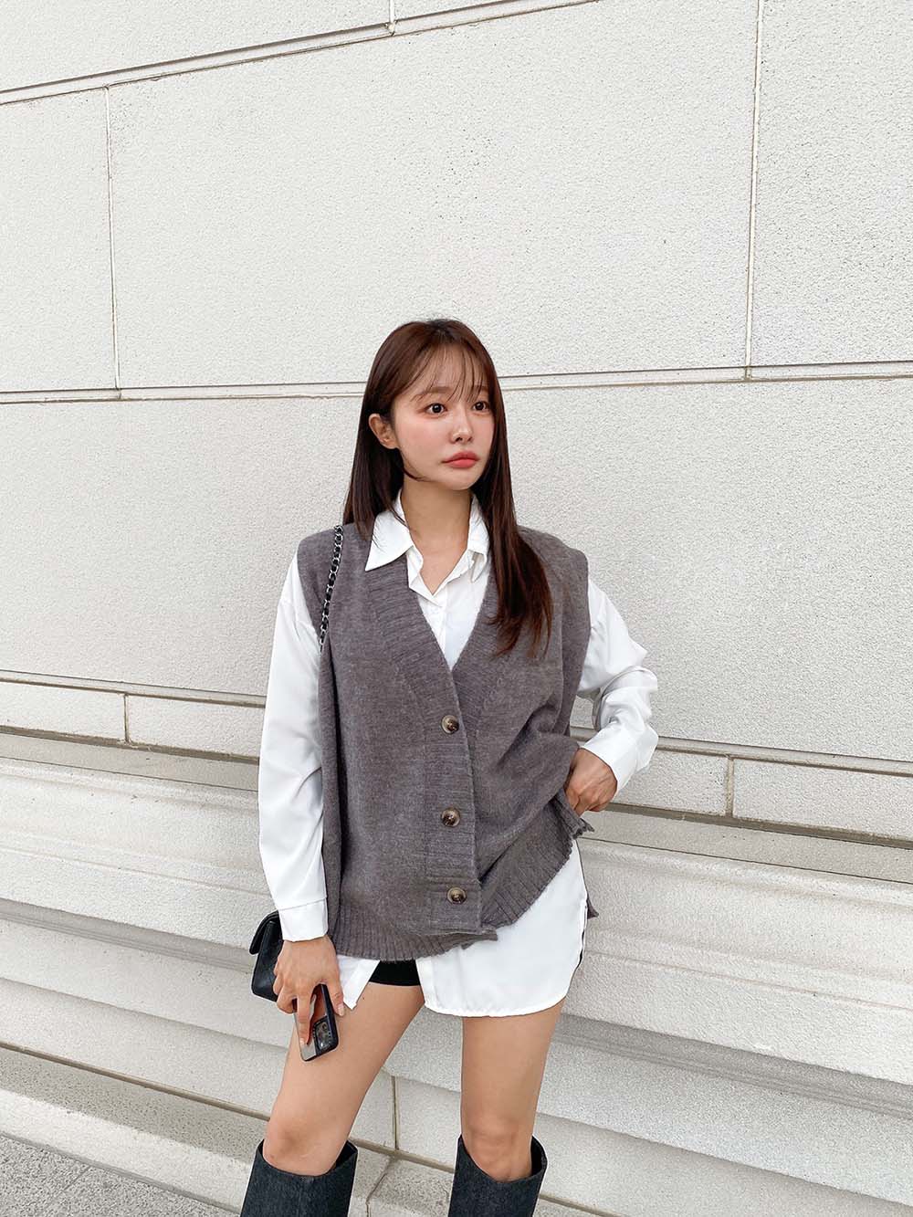 V領排釦針織背心