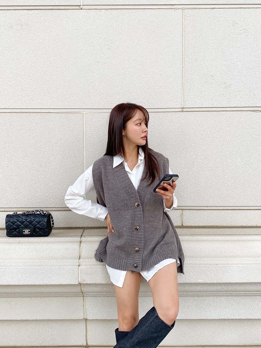 V領排釦針織背心