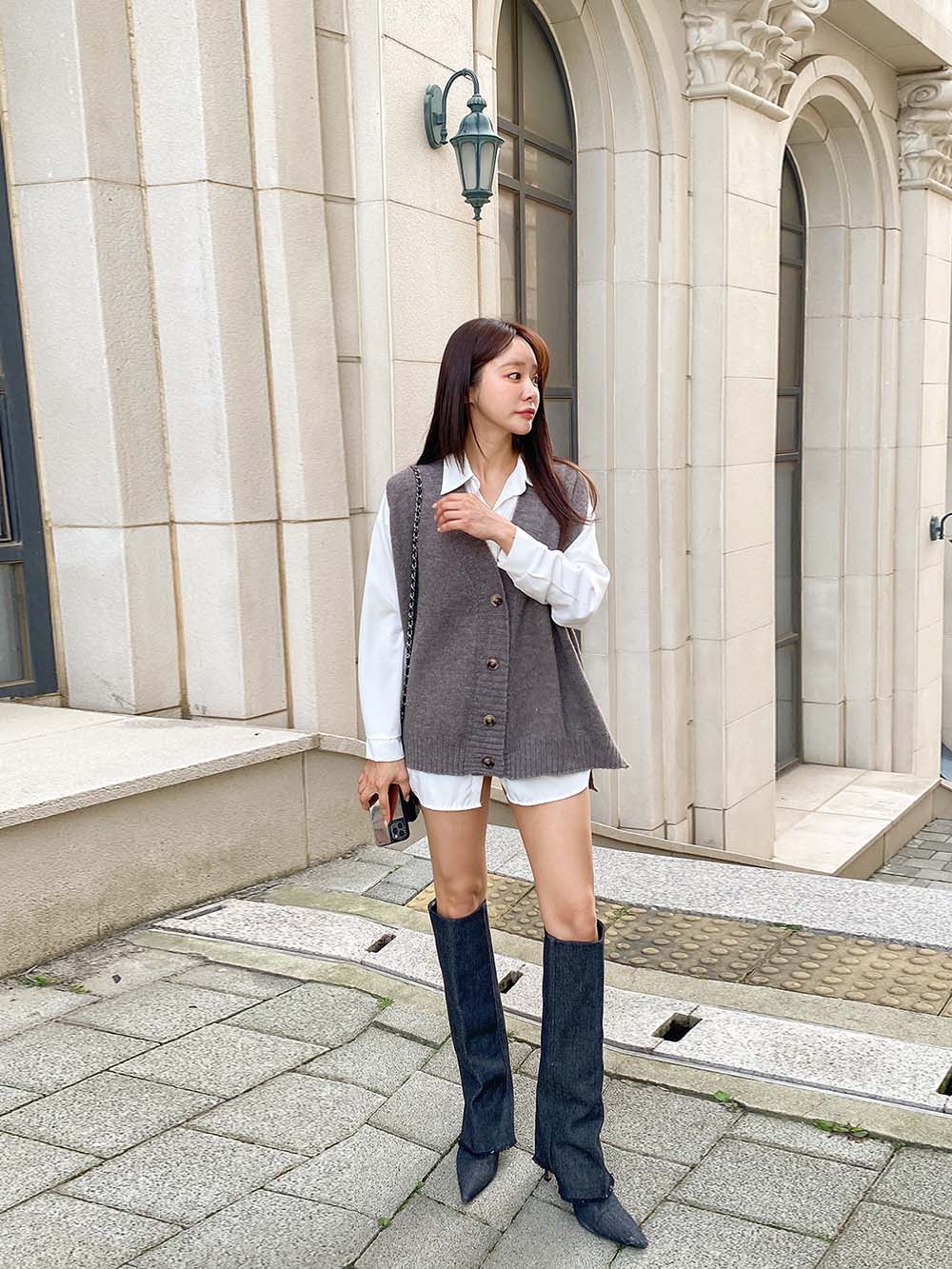 V領排釦針織背心