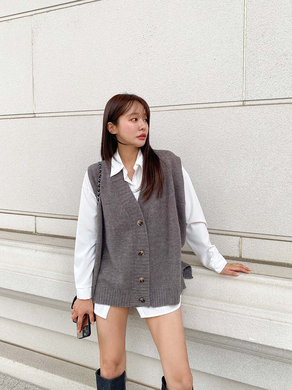 V領排釦針織背心