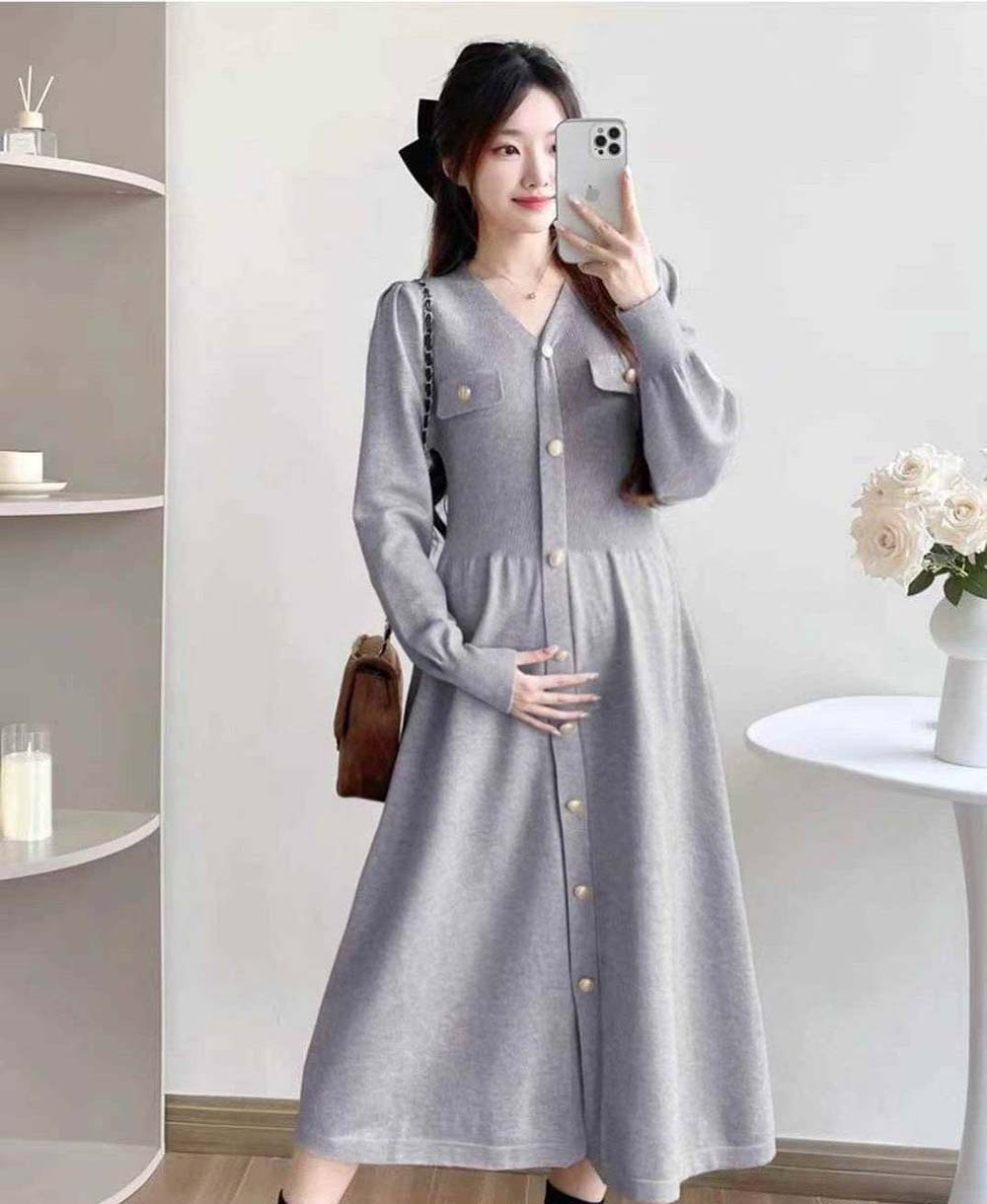 針織V領修身長洋裝