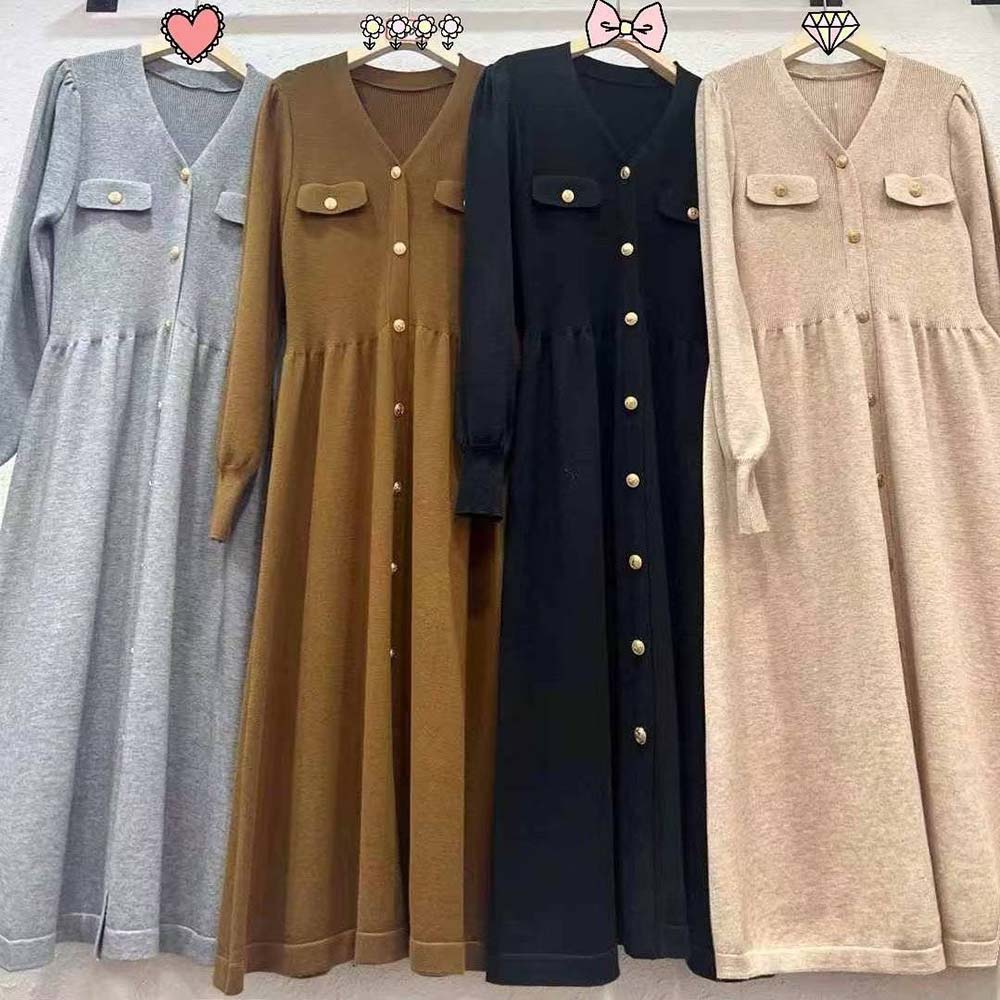 針織V領修身長洋裝