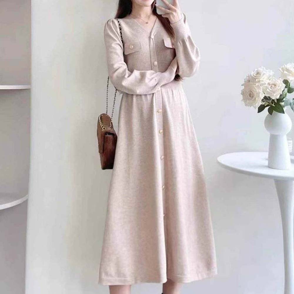 針織V領修身長洋裝