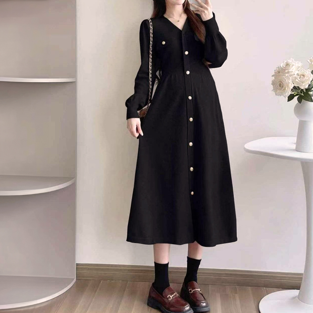 針織V領修身長洋裝