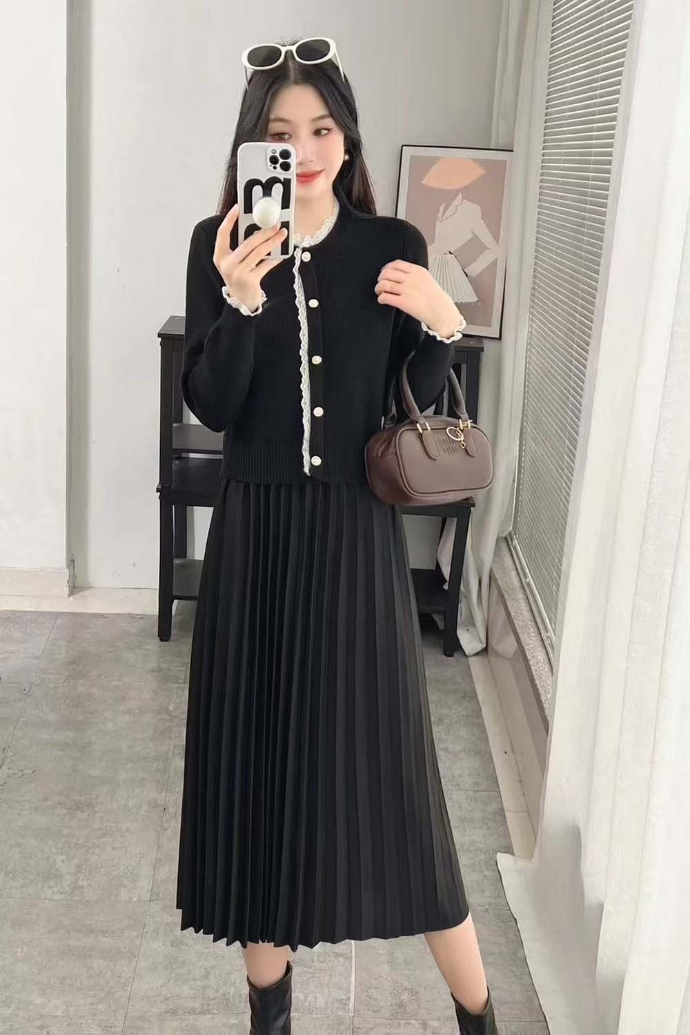 假兩件蕾絲百摺洋裝