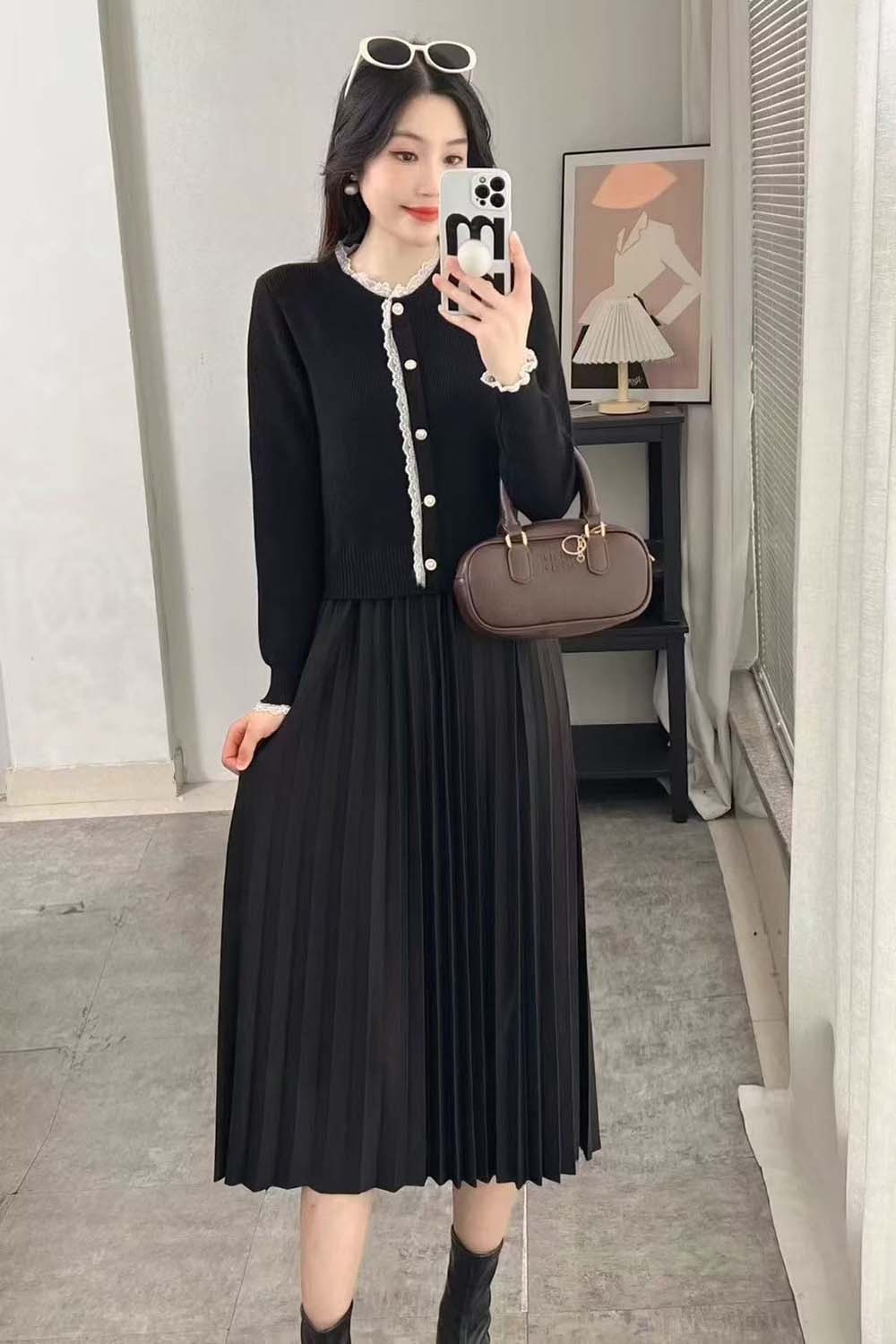 假兩件蕾絲百摺洋裝