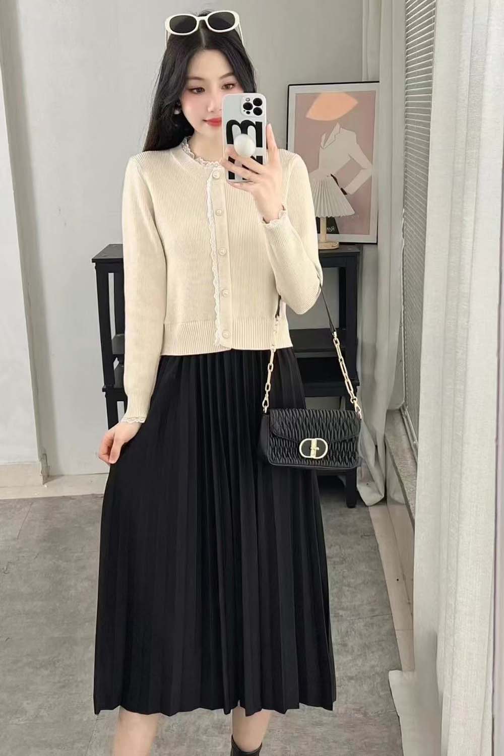 假兩件蕾絲百摺洋裝