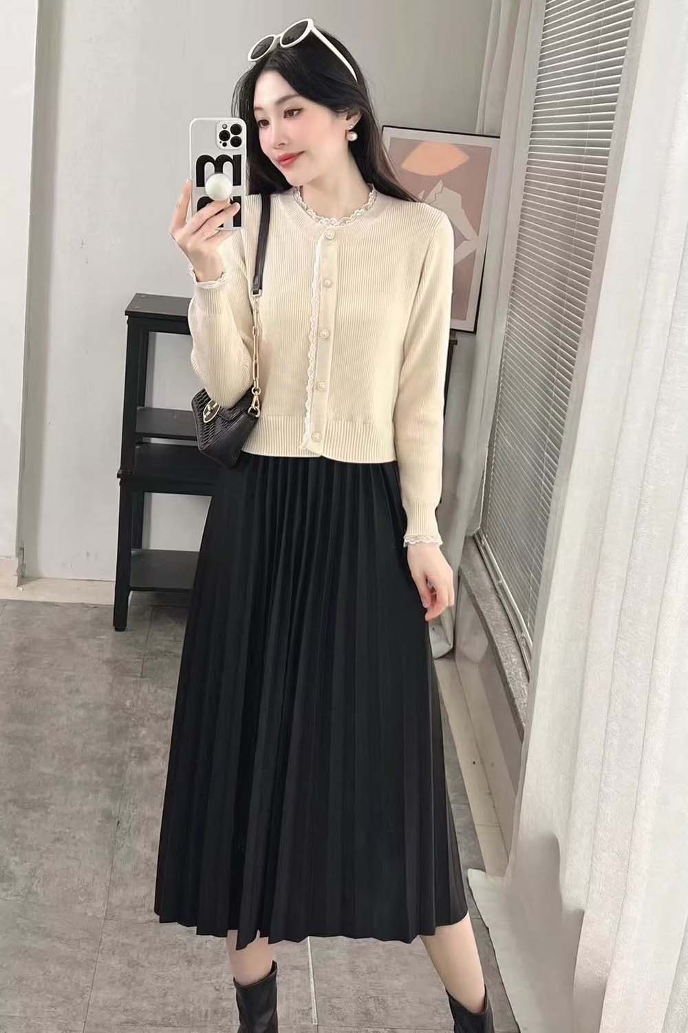 假兩件蕾絲百摺洋裝