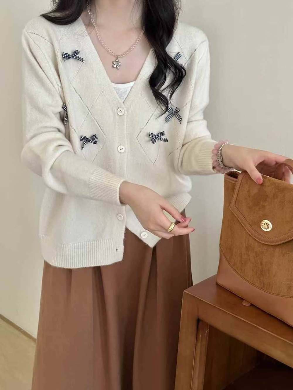V領蝴蝶結針織外套