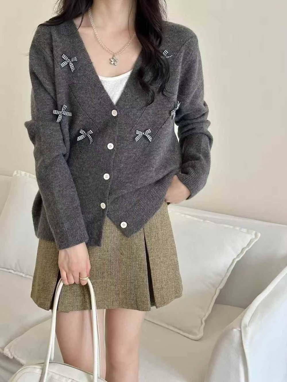 V領蝴蝶結針織外套