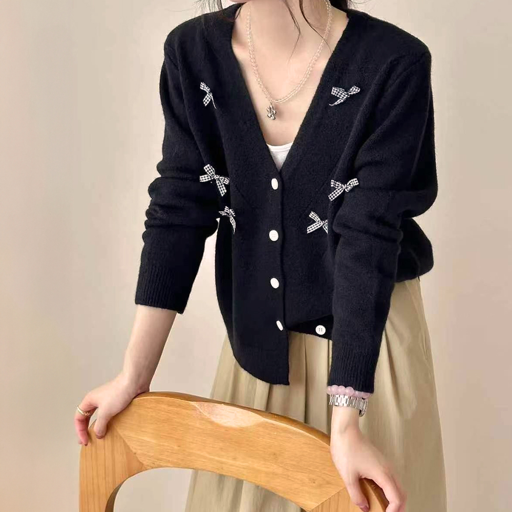 V領蝴蝶結針織外套