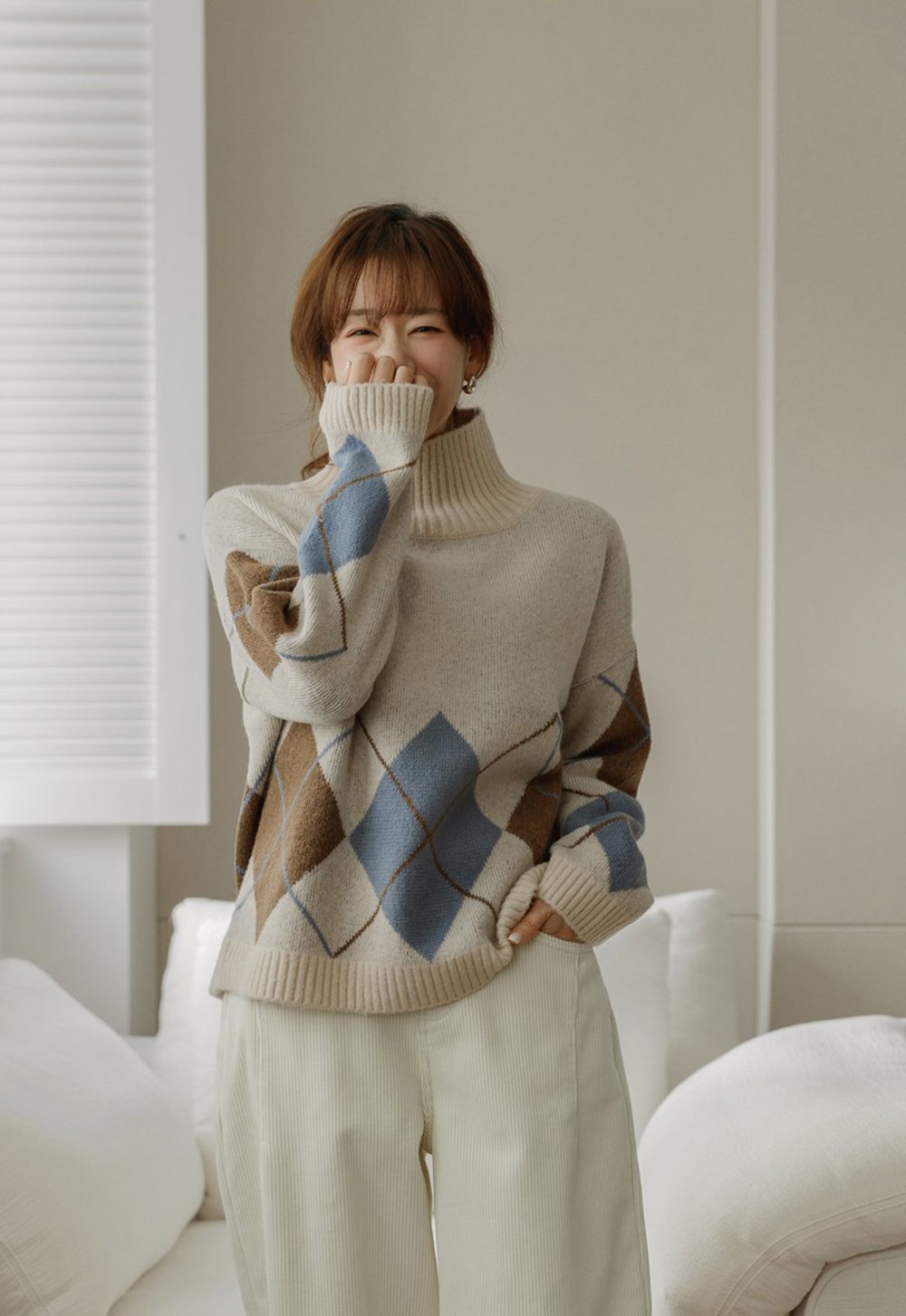 菱格紋高領針織上衣,KOREA,347014,菱格紋高領針織上衣,領500,999免運