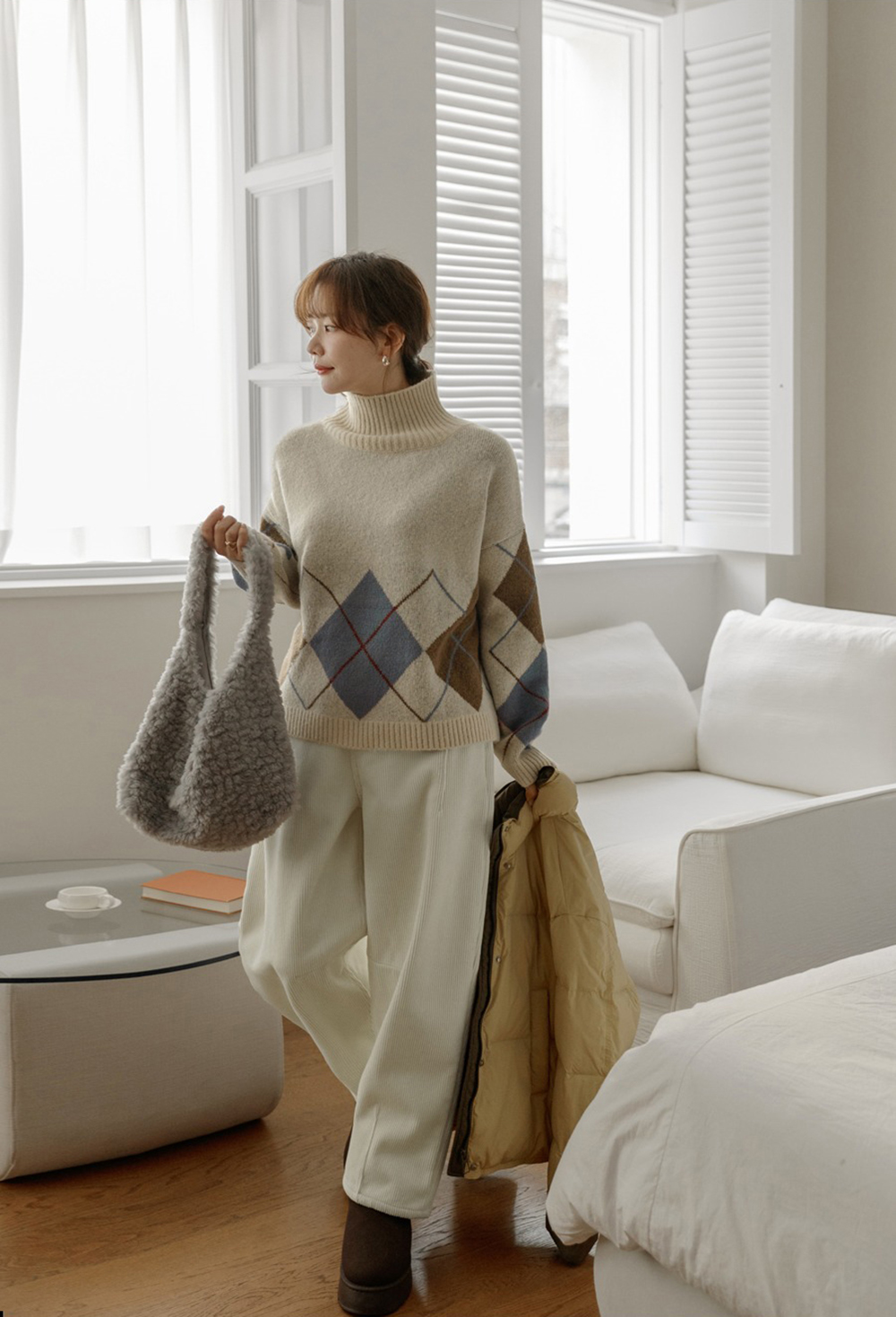 菱格紋高領針織上衣,KOREA,347014,菱格紋高領針織上衣,領500,999免運