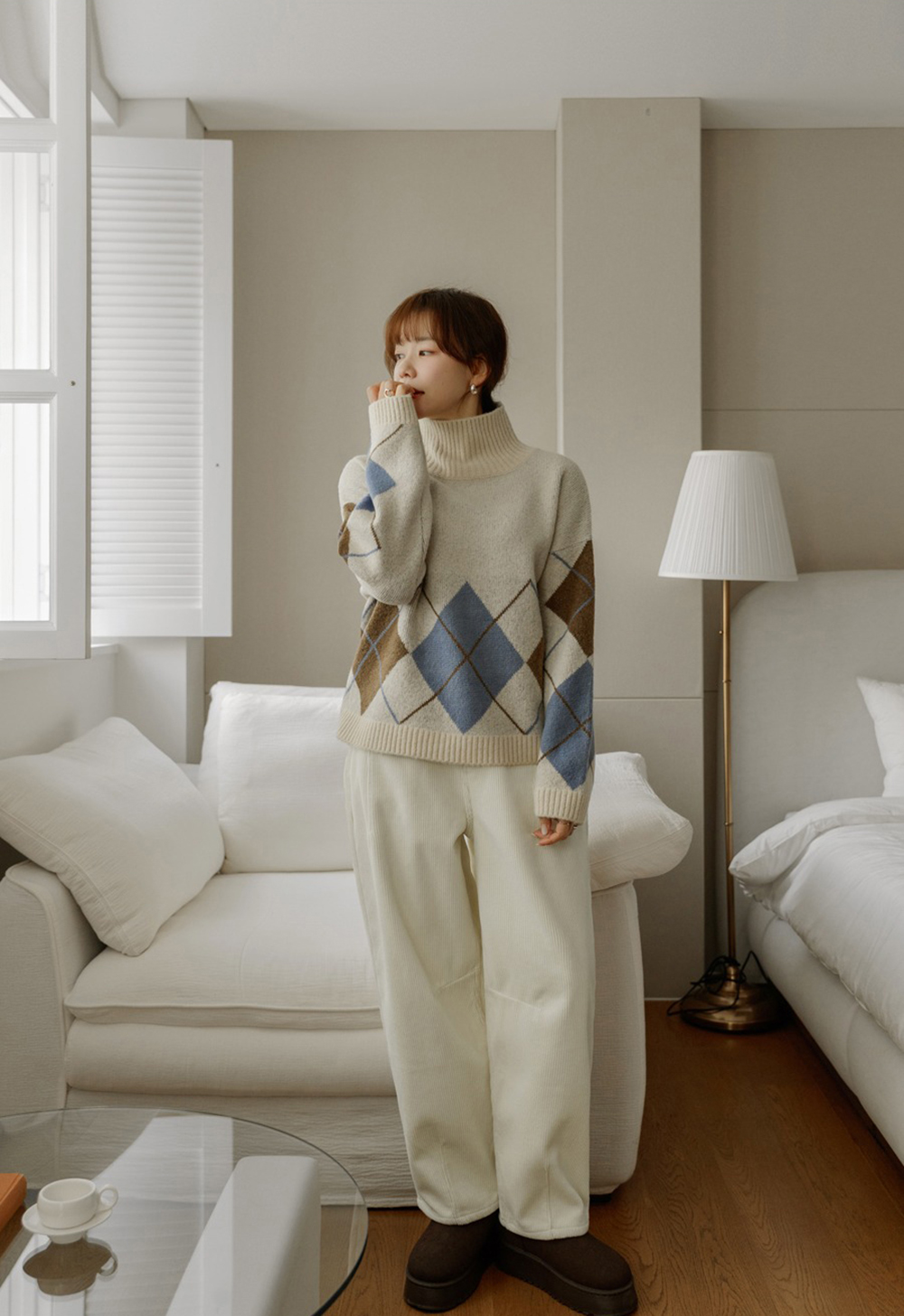 菱格紋高領針織上衣,KOREA,347014,菱格紋高領針織上衣,領500,999免運