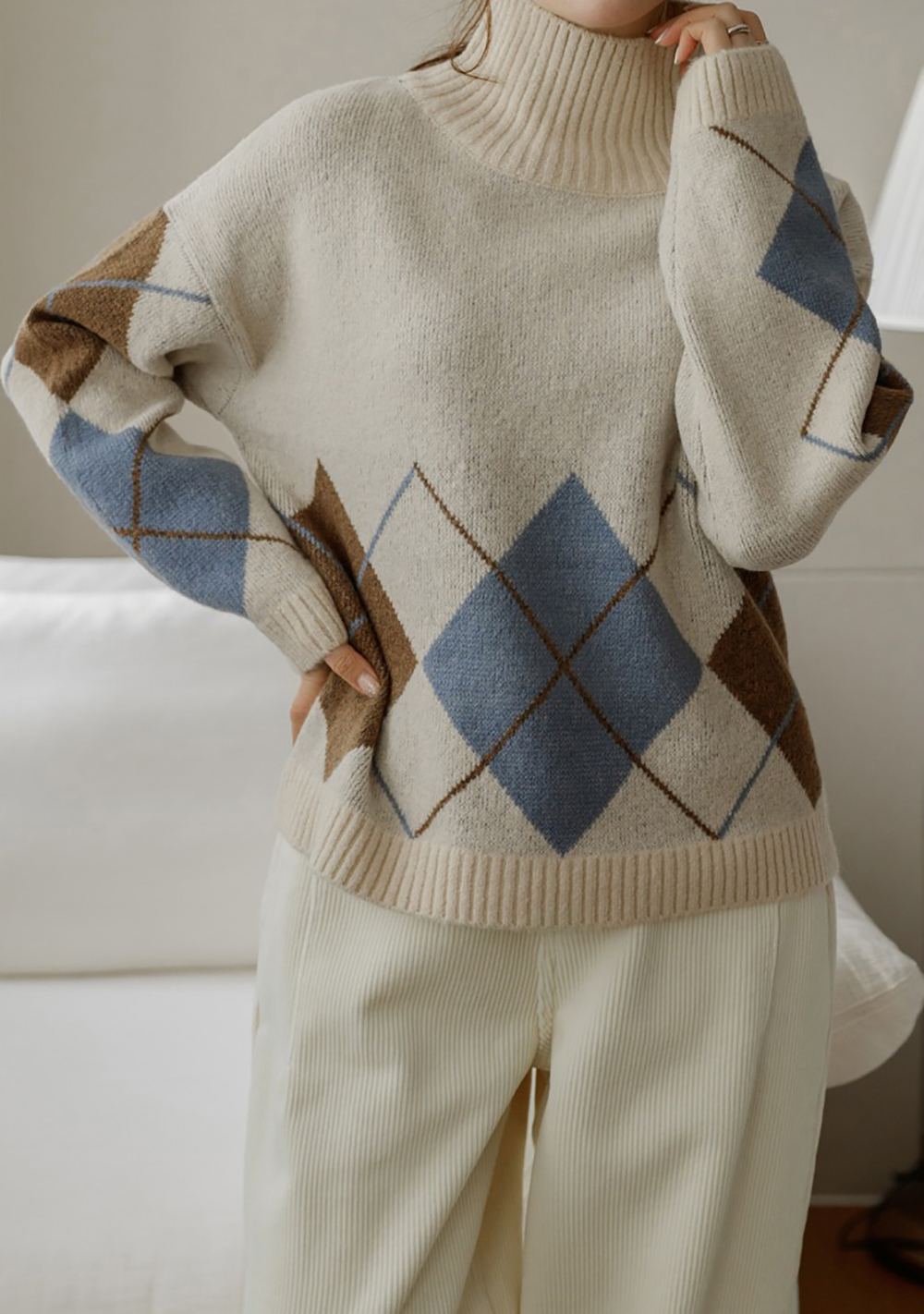 菱格紋高領針織上衣,KOREA,347014,菱格紋高領針織上衣,領500,999免運