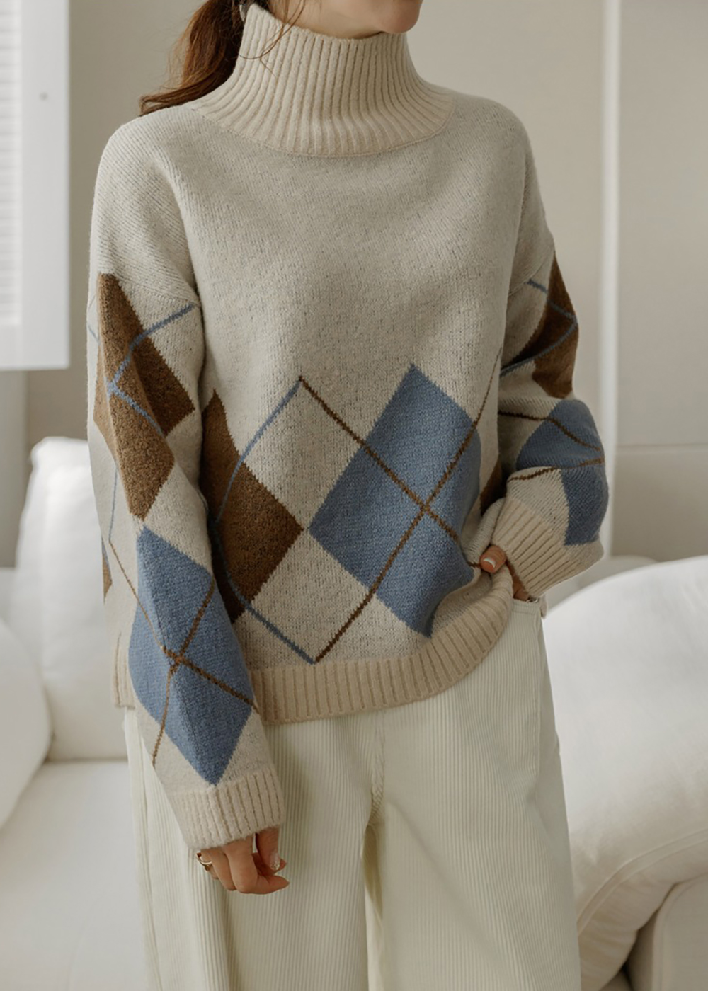 菱格紋高領針織上衣,KOREA,347014,菱格紋高領針織上衣,領500,999免運