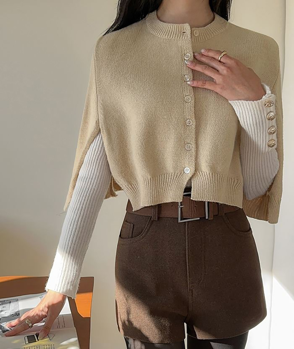 排釦圓領針織披肩外套,KOREA,347075,排釦圓領針織披肩外套,領500,999免運