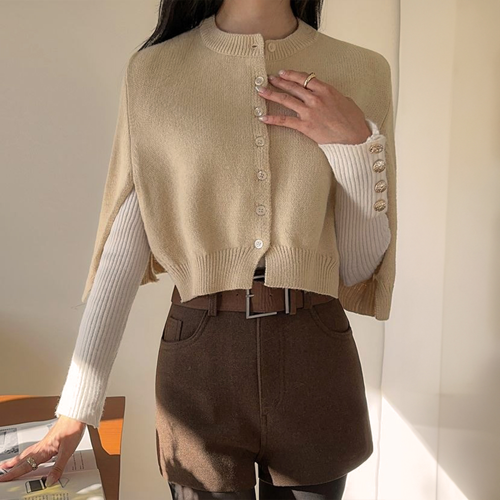 排釦圓領針織披肩外套