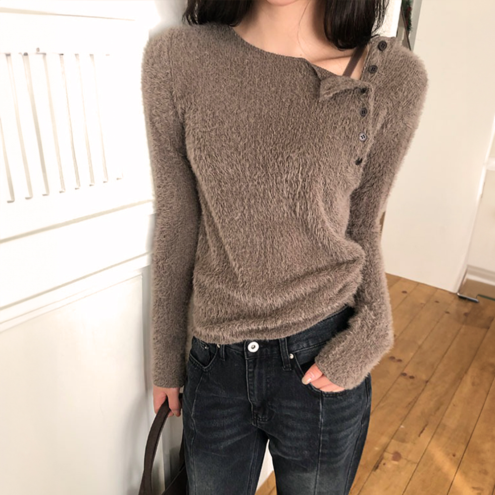 斜襟排釦修身針織上衣