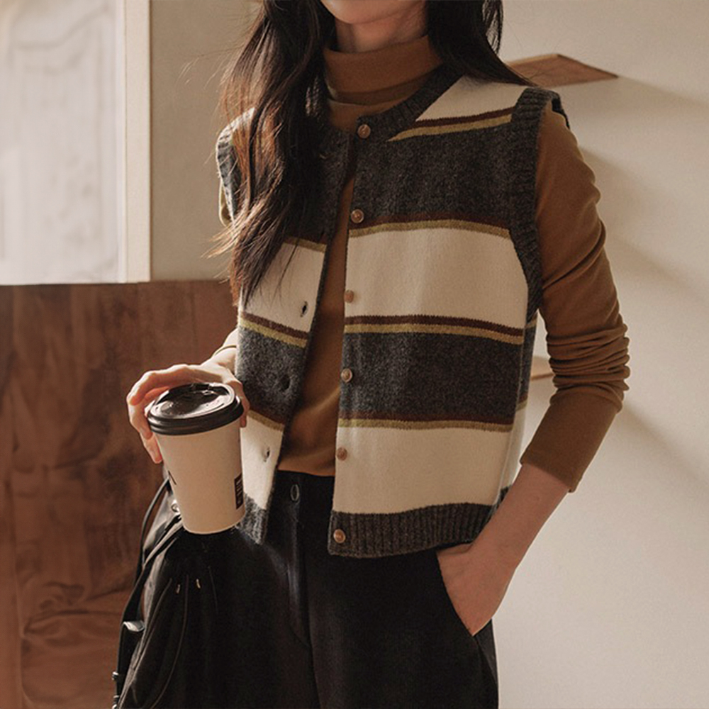撞色圓領針織背心外套