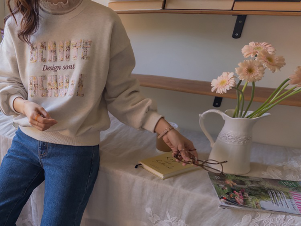 粗花呢字母內刷毛上衣,KOREA,347330,粗花呢字母內刷毛上衣,領500,999免運