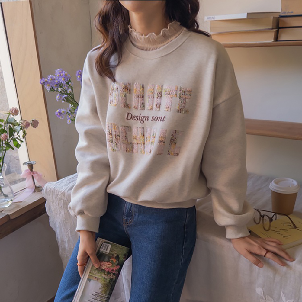 粗花呢字母內刷毛上衣,KOREA,347330,粗花呢字母內刷毛上衣,領500,999免運