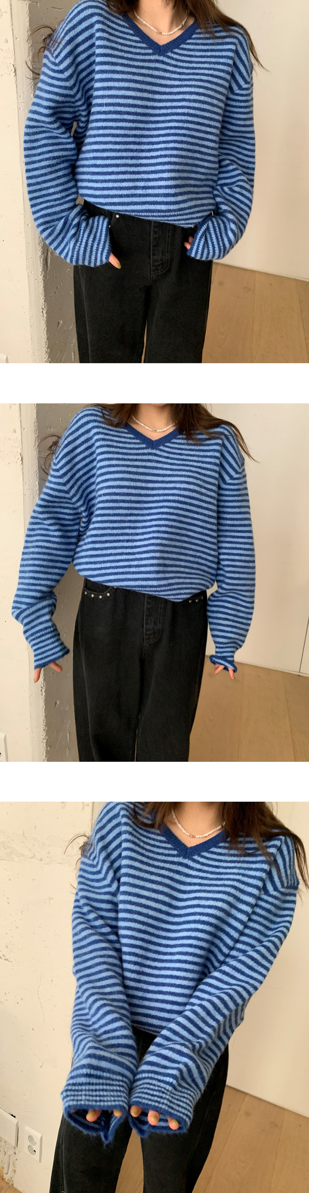 V領撞色條紋針織上衣,KOREA,347397,V領撞色條紋針織上衣,領500,999免運