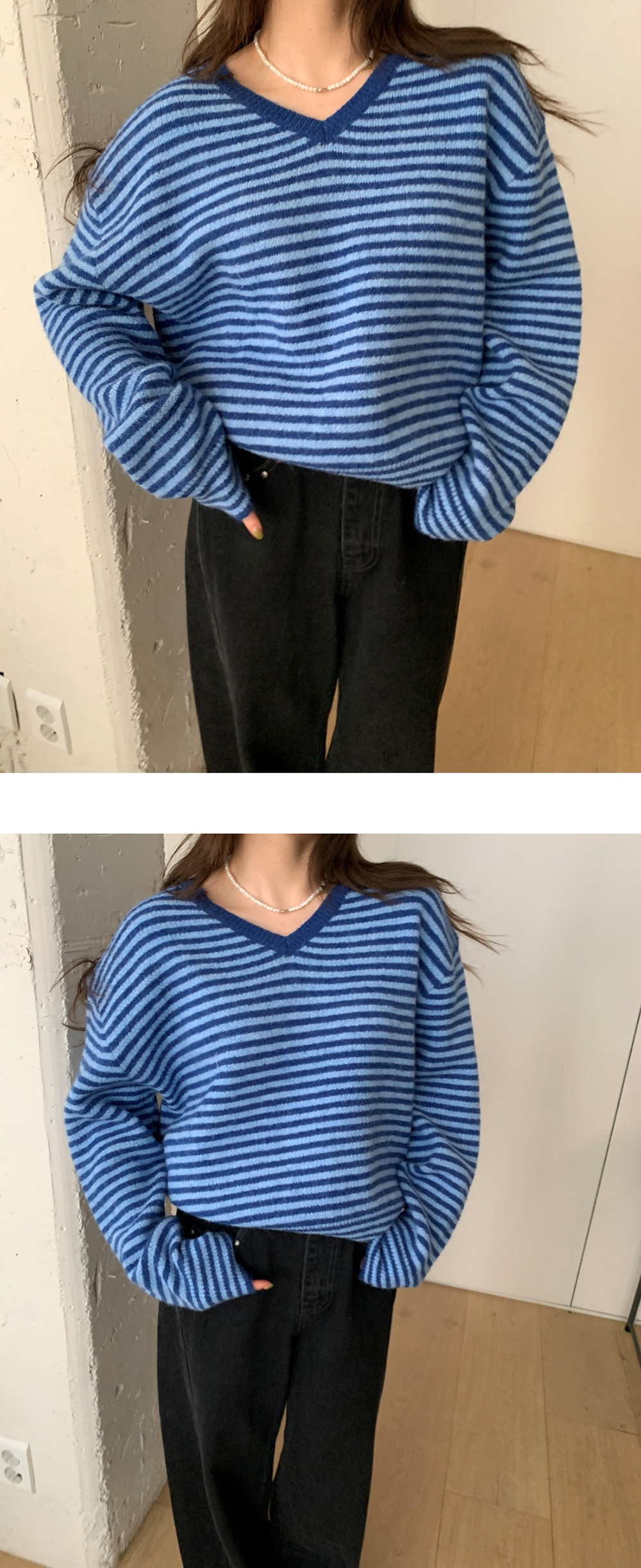 V領撞色條紋針織上衣,KOREA,347397,V領撞色條紋針織上衣,領500,999免運