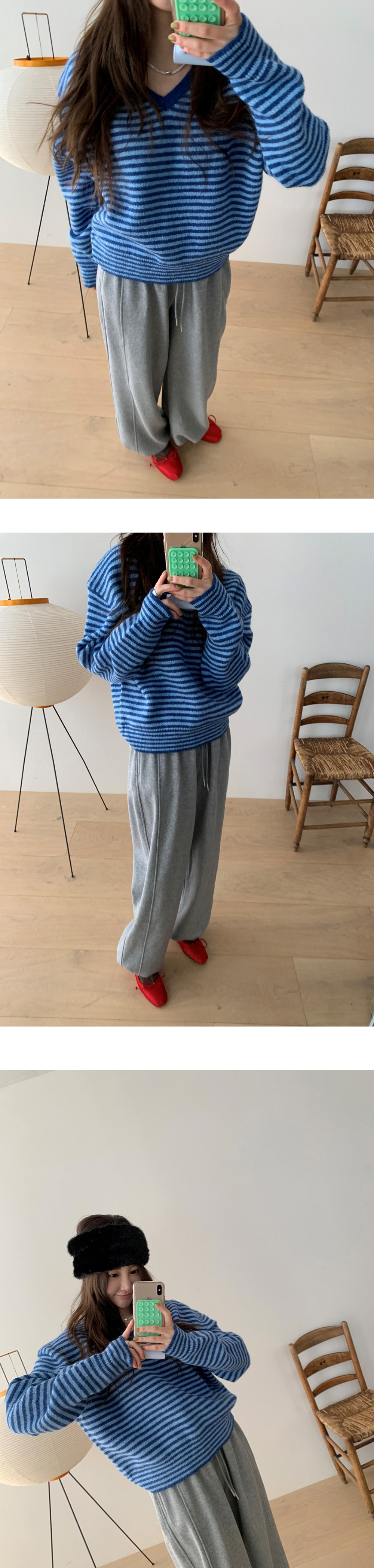 V領撞色條紋針織上衣,KOREA,347397,V領撞色條紋針織上衣,領500,999免運