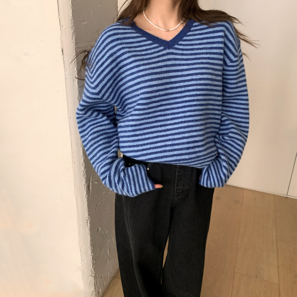 V領撞色條紋針織上衣