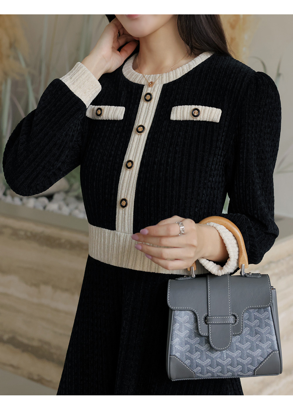 撞色天鵝絨修身洋裝,KOREA,347650,撞色天鵝絨修身洋裝,999免運,領500