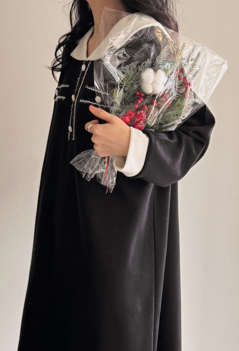 撞色V領內磨毛長洋裝,KOREA,348258,撞色V領內磨毛長洋裝,領500,999免運