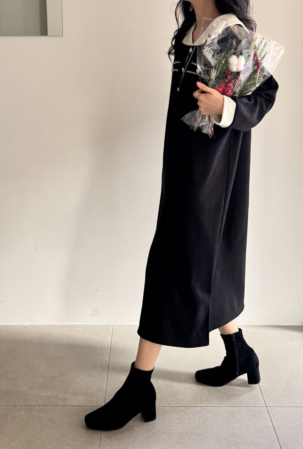 撞色V領內磨毛長洋裝,KOREA,348258,撞色V領內磨毛長洋裝,領500,999免運