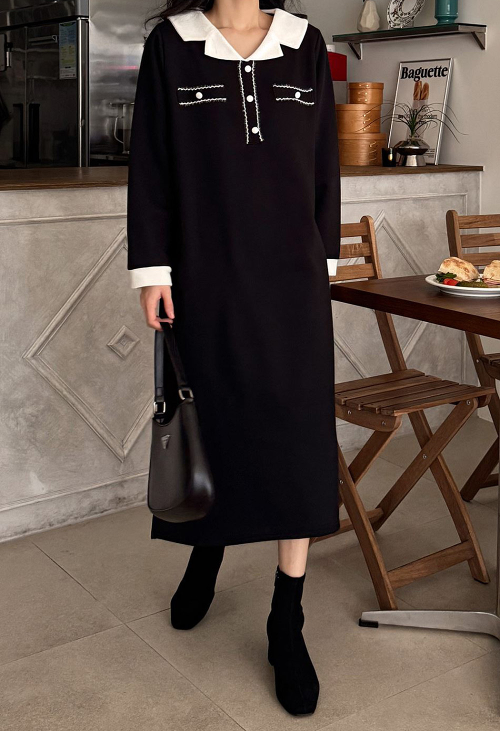 撞色V領內磨毛長洋裝,KOREA,348258,撞色V領內磨毛長洋裝,領500,999免運