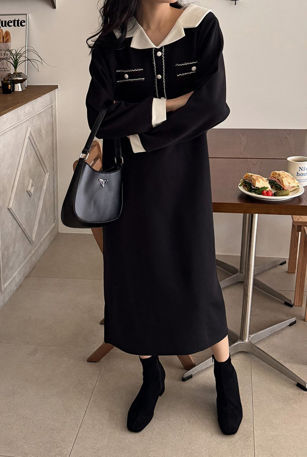 撞色V領內磨毛長洋裝,KOREA,348258,撞色V領內磨毛長洋裝,領500,999免運