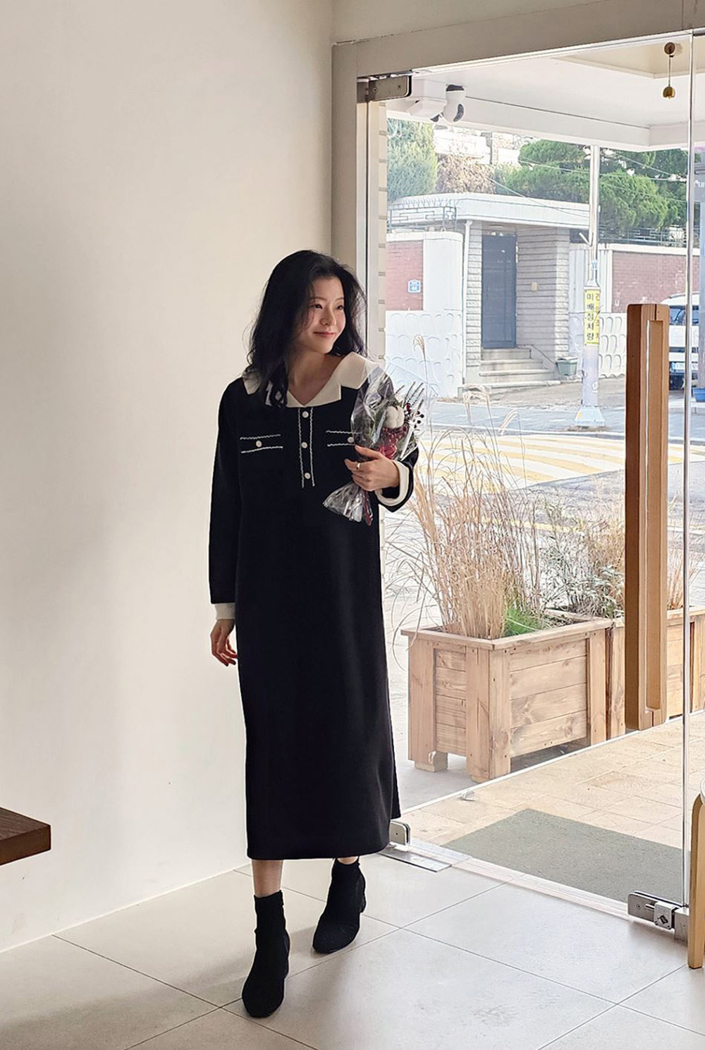 撞色V領內磨毛長洋裝,KOREA,348258,撞色V領內磨毛長洋裝,領500,999免運