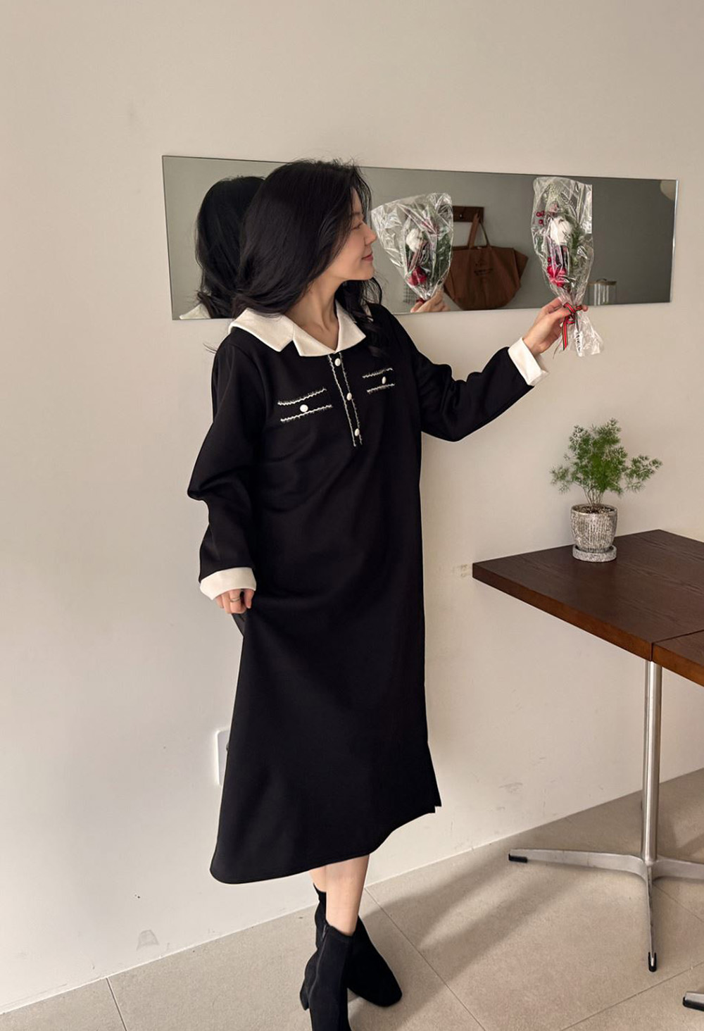 撞色V領內磨毛長洋裝,KOREA,348258,撞色V領內磨毛長洋裝,領500,999免運