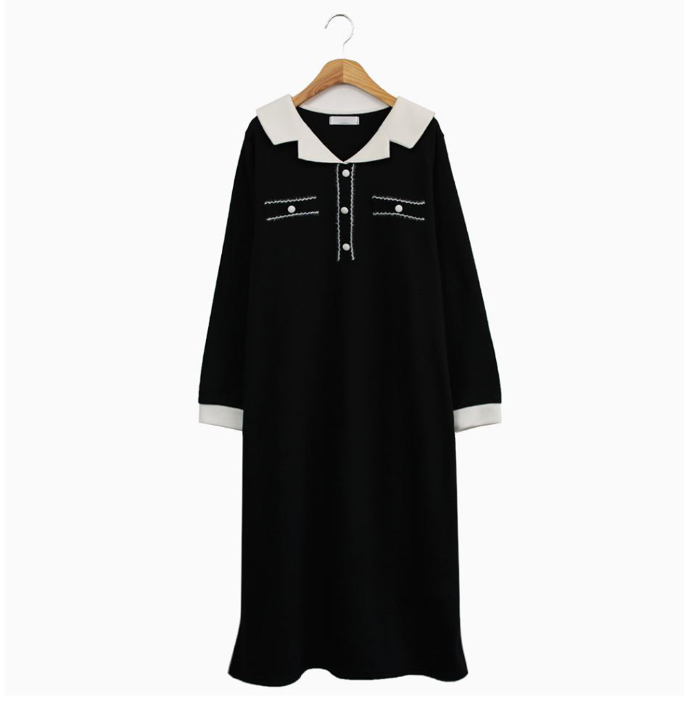 撞色V領內磨毛長洋裝,KOREA,348258,撞色V領內磨毛長洋裝,領500,999免運