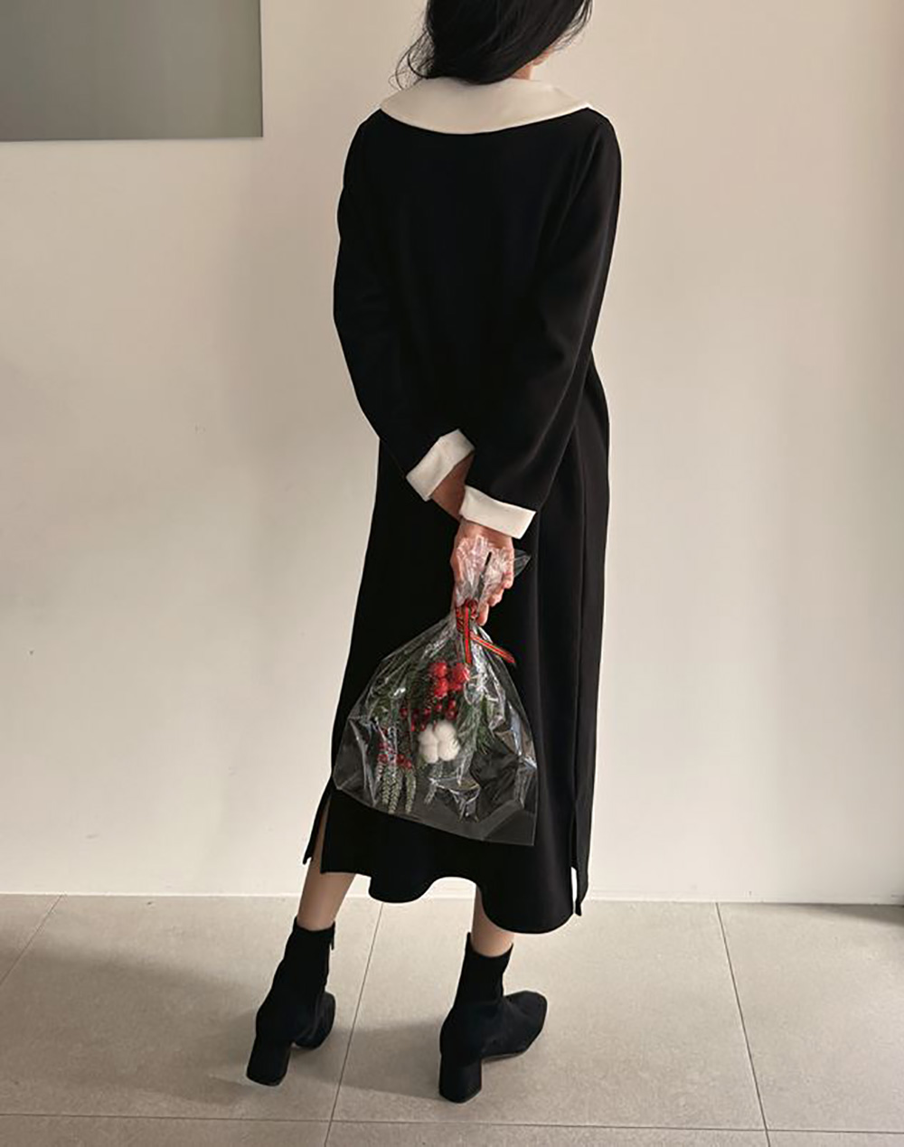 撞色V領內磨毛長洋裝,KOREA,348258,撞色V領內磨毛長洋裝,領500,999免運