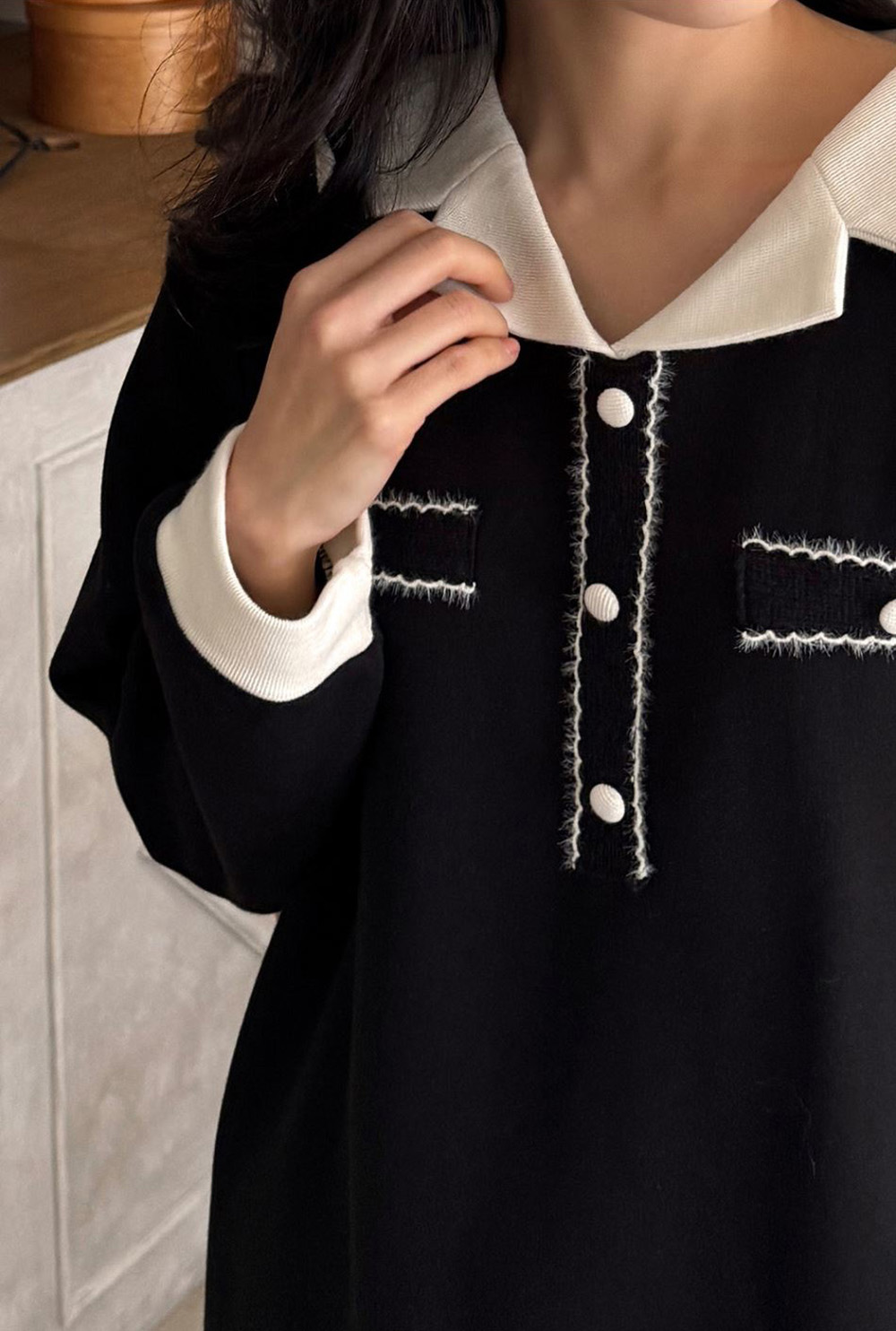 撞色V領內磨毛長洋裝,KOREA,348258,撞色V領內磨毛長洋裝,領500,999免運