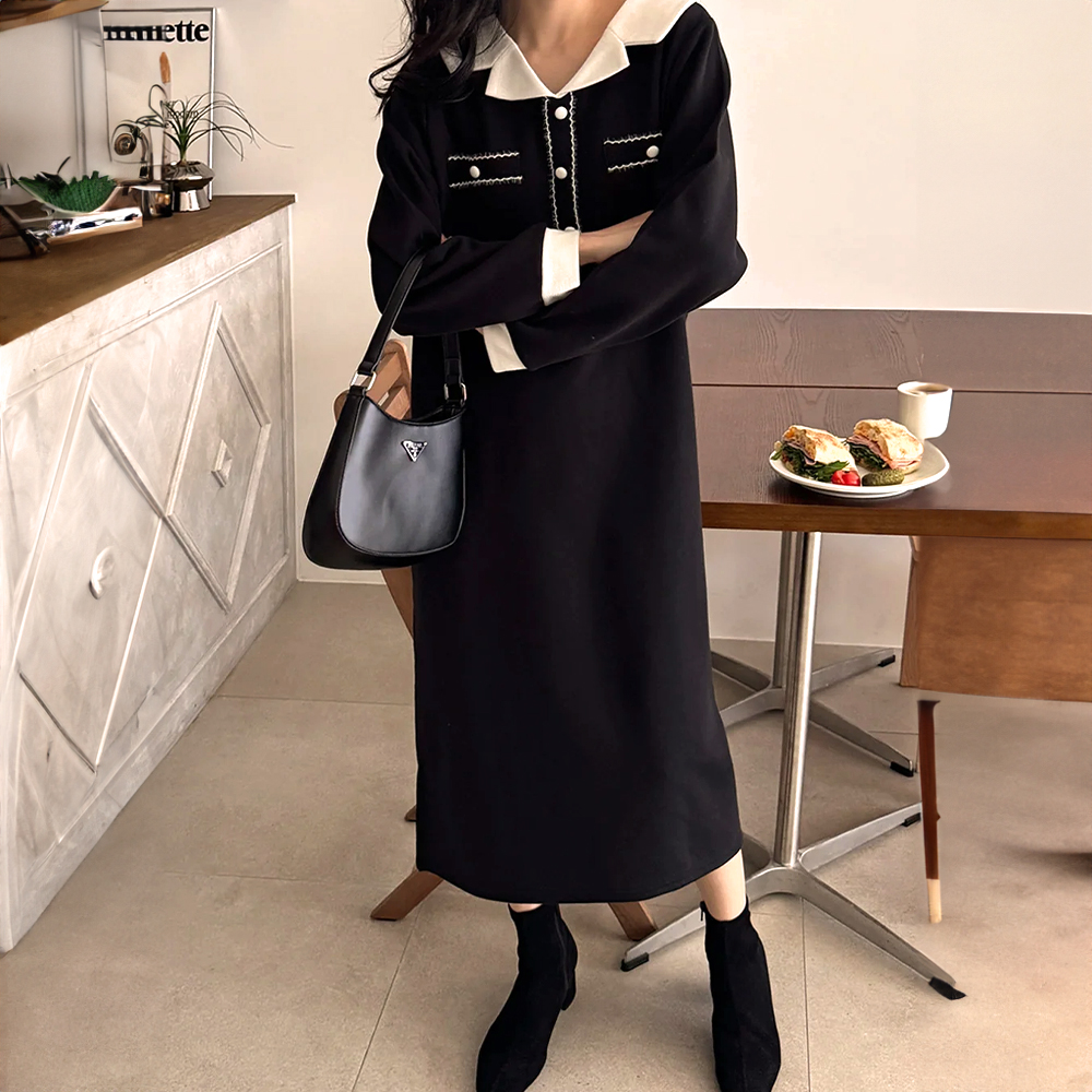 撞色V領內磨毛長洋裝