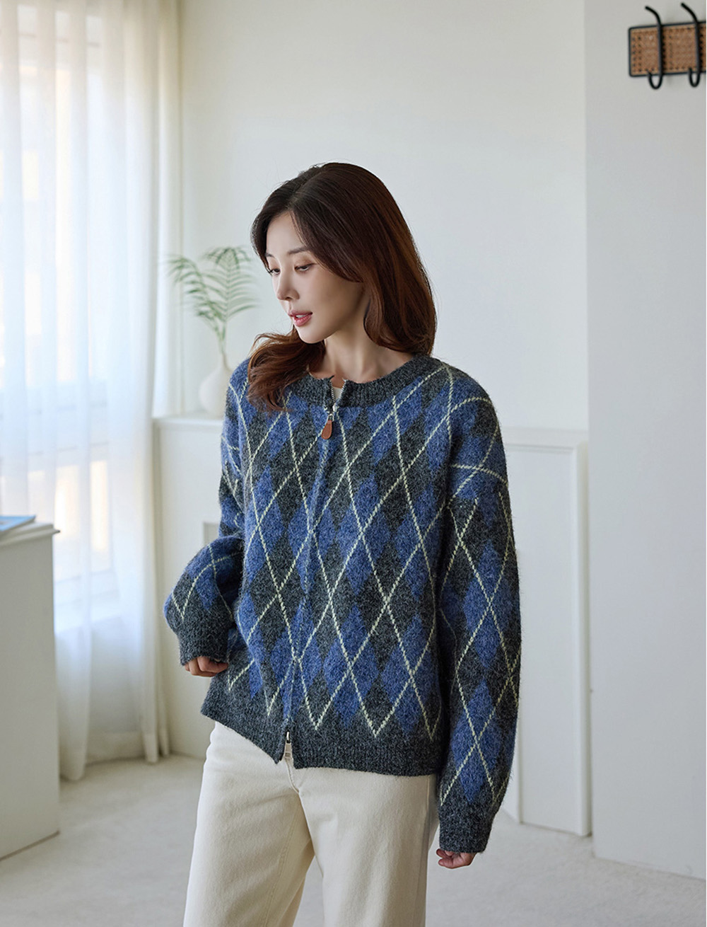 菱格紋雙拉鍊針織外套,KOREA,348370,菱格紋雙拉鍊針織外套,領500,999免運