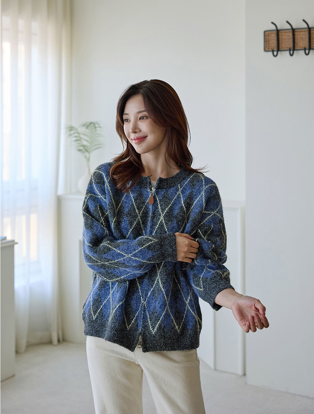 菱格紋雙拉鍊針織外套,KOREA,348370,菱格紋雙拉鍊針織外套,領500,999免運