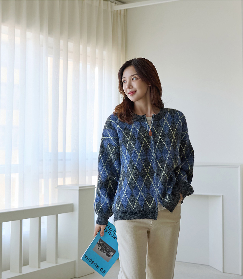 菱格紋雙拉鍊針織外套,KOREA,348370,菱格紋雙拉鍊針織外套,領500,999免運