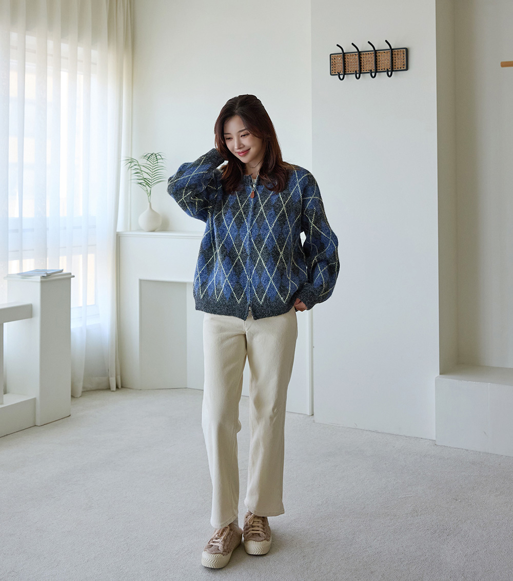 菱格紋雙拉鍊針織外套,KOREA,348370,菱格紋雙拉鍊針織外套,領500,999免運