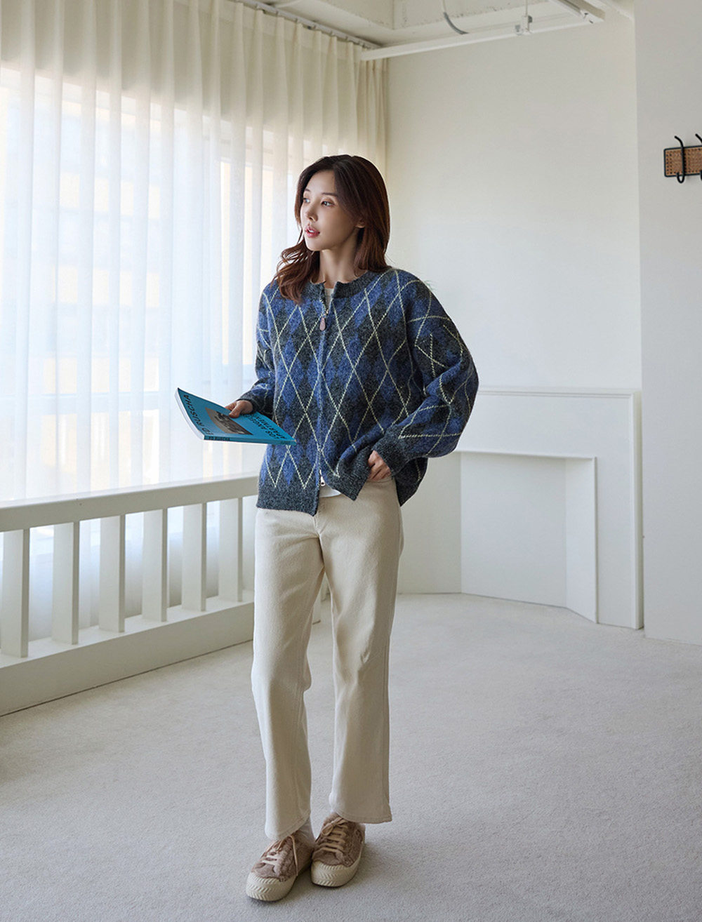 菱格紋雙拉鍊針織外套,KOREA,348370,菱格紋雙拉鍊針織外套,領500,999免運