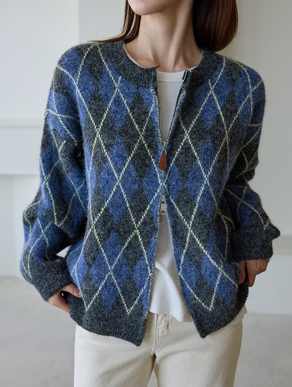 菱格紋雙拉鍊針織外套,KOREA,348370,菱格紋雙拉鍊針織外套,領500,999免運